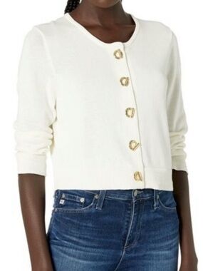 Large Calvin Klein Cropped 3/4 Sleeve White Cardigan w Gold Toggle Buttons